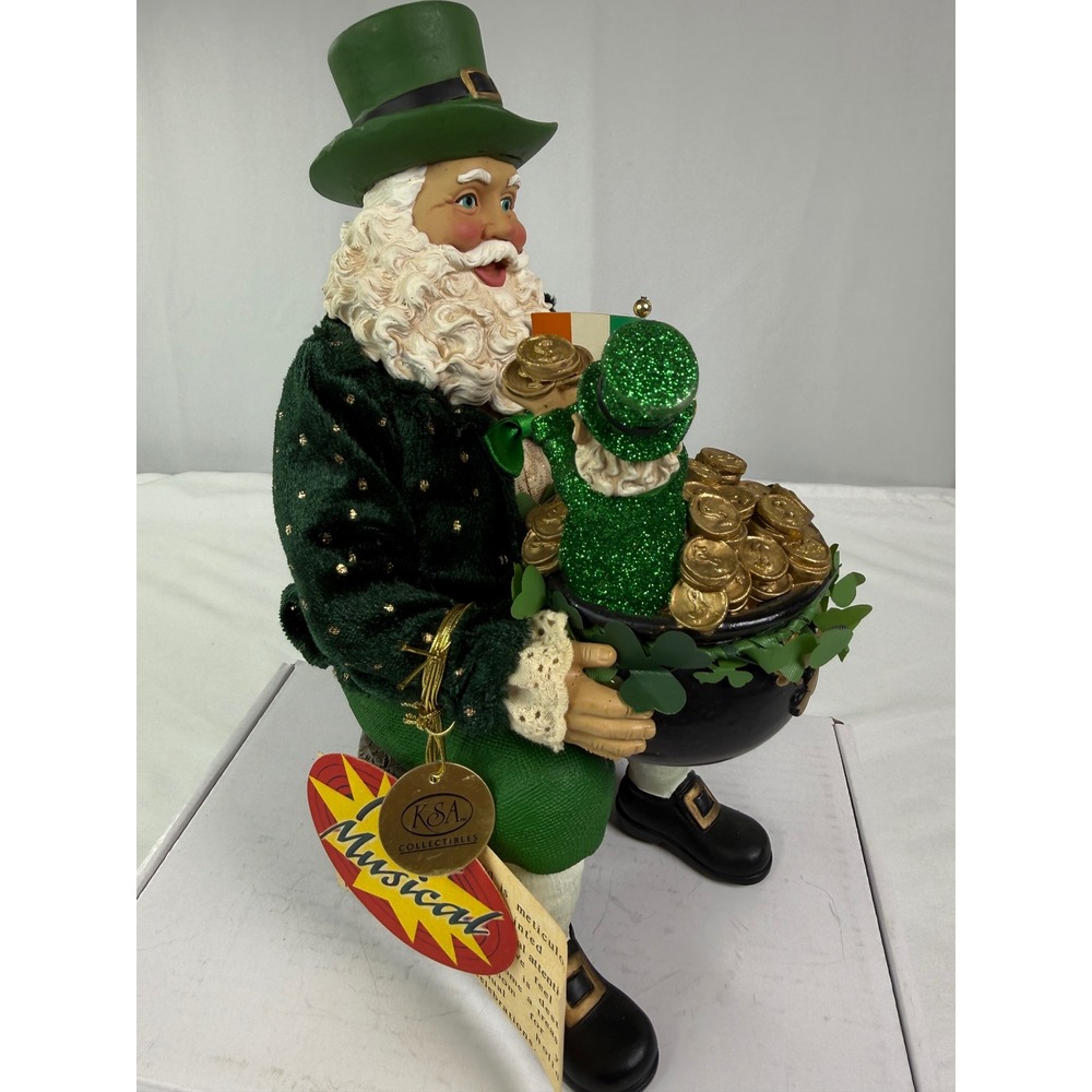 Kurt S Adler Fabriche Musical Irish Santa Leprechaun Pot of Gold Figurine Green